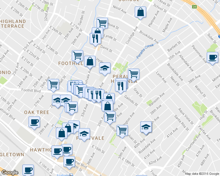 map of restaurants, bars, coffee shops, grocery stores, and more near 2230 34th Avenue in Oakland