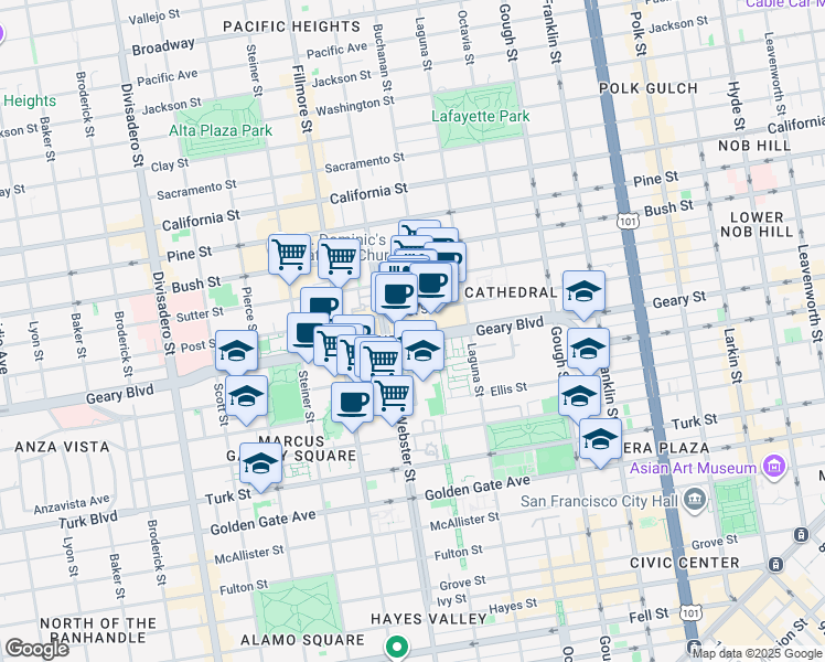 map of restaurants, bars, coffee shops, grocery stores, and more near 1737 Post Street in San Francisco