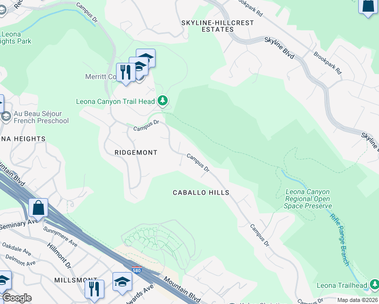 map of restaurants, bars, coffee shops, grocery stores, and more near 13378 Campus Drive in Oakland