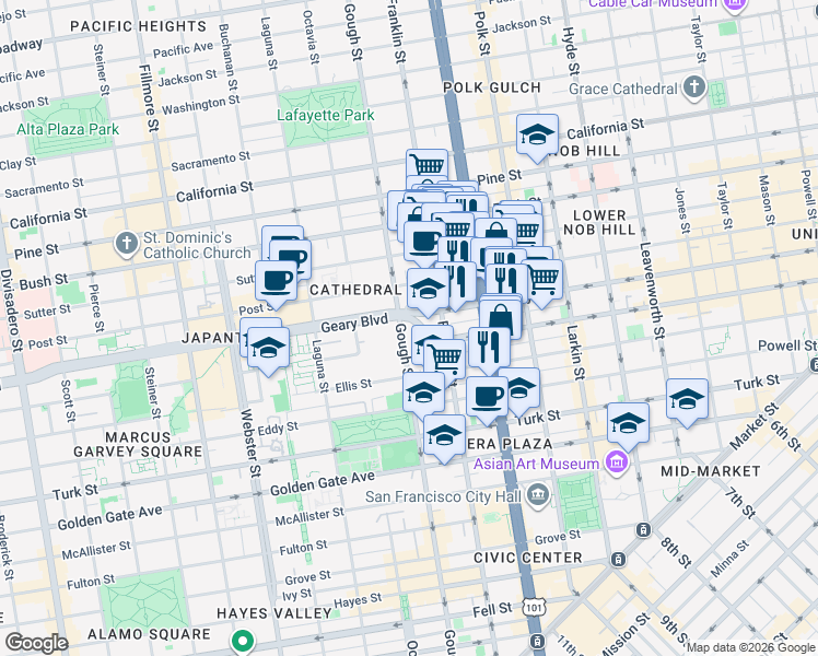 map of restaurants, bars, coffee shops, grocery stores, and more near in San Francisco