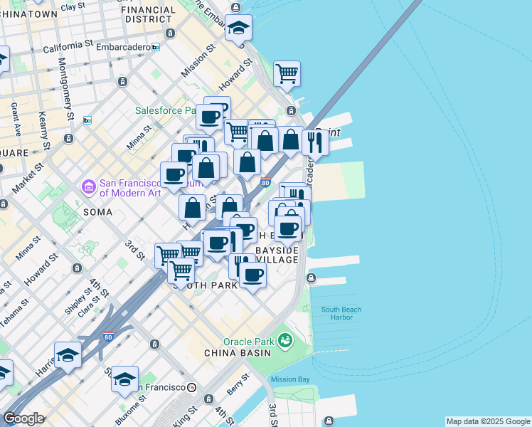 map of restaurants, bars, coffee shops, grocery stores, and more near 3 Bayside Village Place in San Francisco