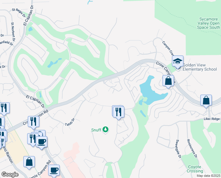 map of restaurants, bars, coffee shops, grocery stores, and more near 3647 Crow Canyon Road in San Ramon