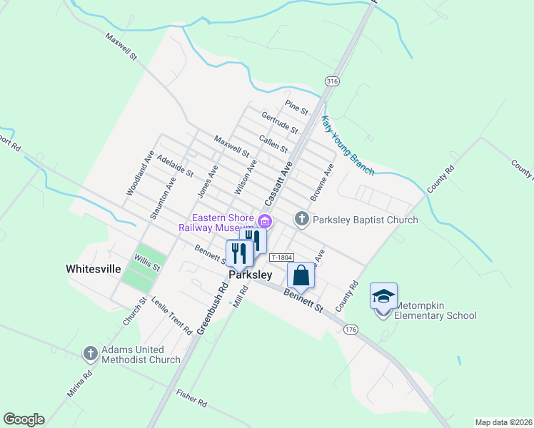 map of restaurants, bars, coffee shops, grocery stores, and more near 24295 Adelaide Street in Parksley