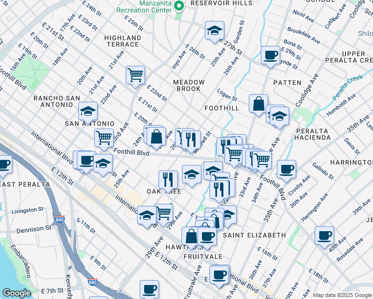 map of restaurants, bars, coffee shops, grocery stores, and more near 2003 27th Avenue in Oakland
