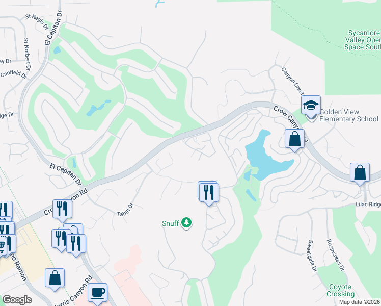 map of restaurants, bars, coffee shops, grocery stores, and more near 3647 Crow Canyon Road in San Ramon