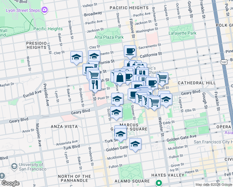 map of restaurants, bars, coffee shops, grocery stores, and more near 2100 Post Street in San Francisco