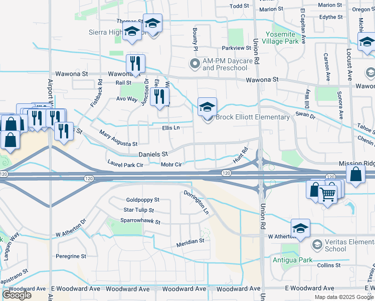 map of restaurants, bars, coffee shops, grocery stores, and more near 1216 Mohr Circle in Manteca