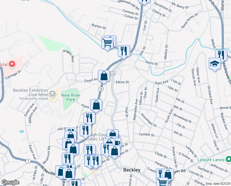 map of restaurants, bars, coffee shops, grocery stores, and more near 103 Quesenberry Street in Beckley