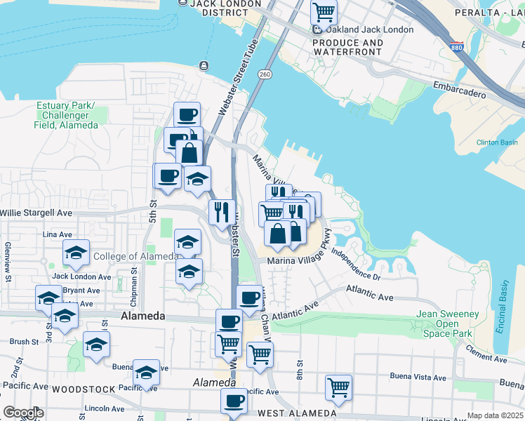map of restaurants, bars, coffee shops, grocery stores, and more near 1201 Marina Village Parkway in Alameda