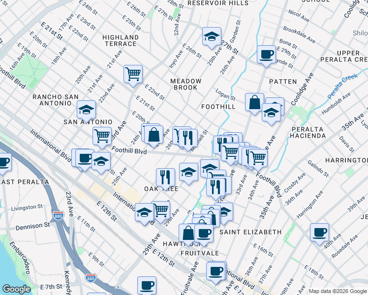 map of restaurants, bars, coffee shops, grocery stores, and more near 2004 27th Avenue in Oakland