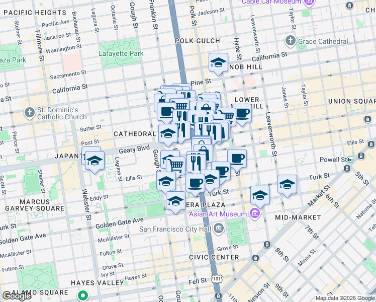 map of restaurants, bars, coffee shops, grocery stores, and more near 1001 Van Ness Avenue in San Francisco