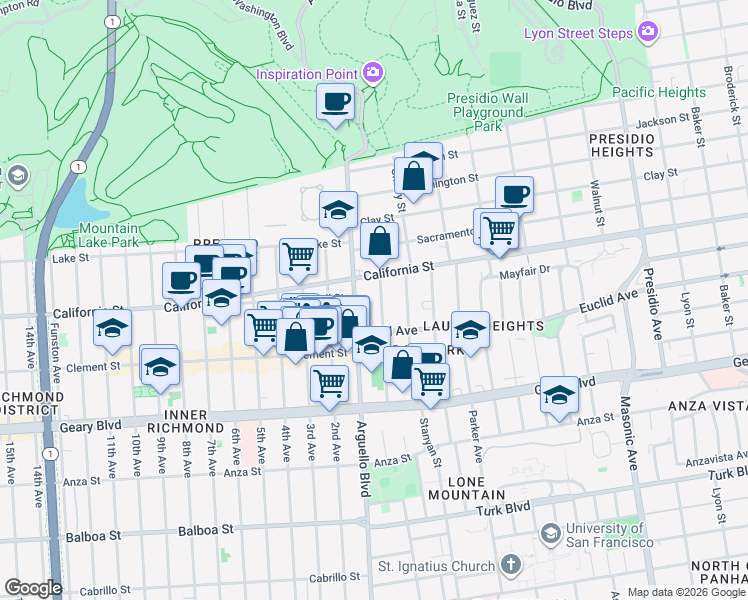 map of restaurants, bars, coffee shops, grocery stores, and more near 41 Palm Avenue in San Francisco