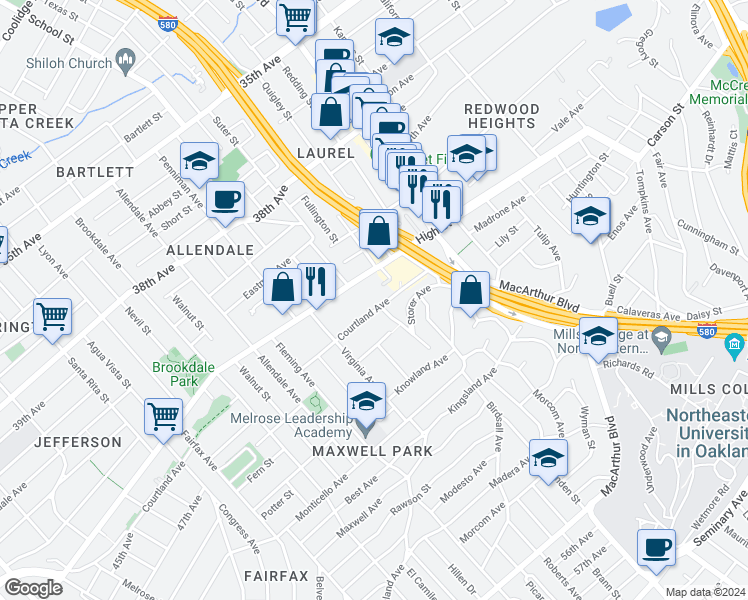 map of restaurants, bars, coffee shops, grocery stores, and more near 3237 Courtland Avenue in Oakland