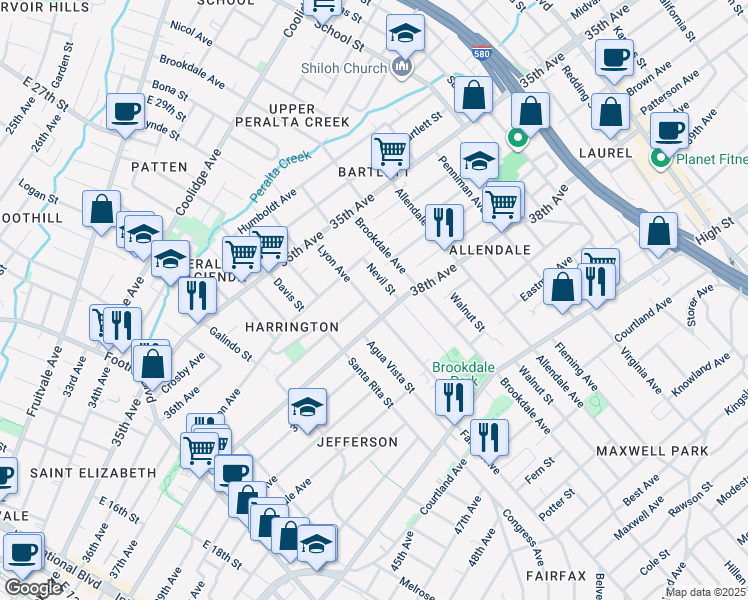 map of restaurants, bars, coffee shops, grocery stores, and more near 3708 Lyon Avenue in Oakland