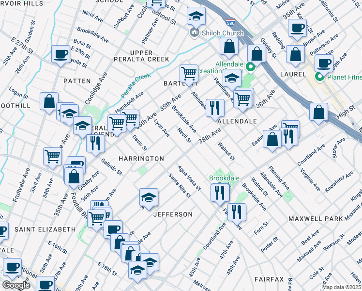 map of restaurants, bars, coffee shops, grocery stores, and more near 3708 Lyon Avenue in Oakland