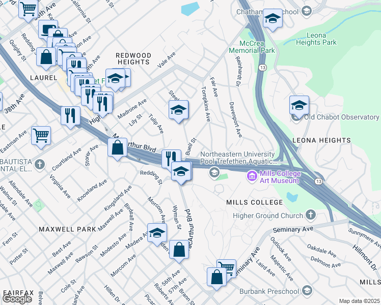 map of restaurants, bars, coffee shops, grocery stores, and more near 3732 Buell Street in Oakland