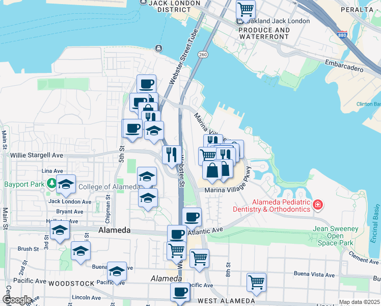 map of restaurants, bars, coffee shops, grocery stores, and more near 2100 Tynan Avenue in Alameda