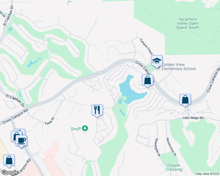 map of restaurants, bars, coffee shops, grocery stores, and more near 33 Lakeridge Court in San Ramon