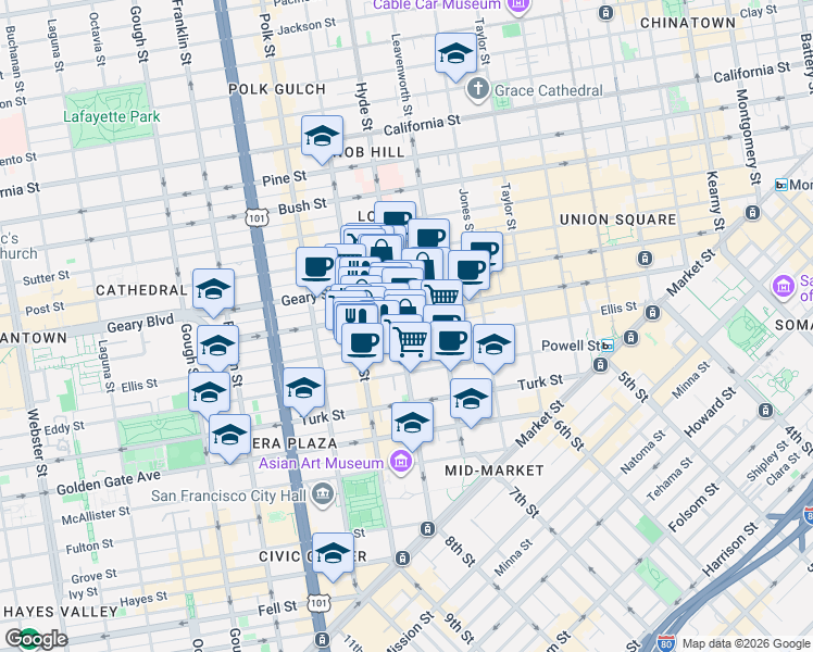 map of restaurants, bars, coffee shops, grocery stores, and more near 440 Hyde Street in San Francisco