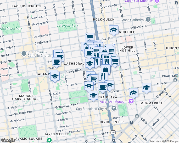 map of restaurants, bars, coffee shops, grocery stores, and more near  in San Francisco