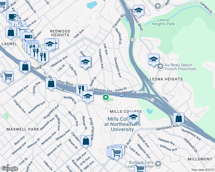 map of restaurants, bars, coffee shops, grocery stores, and more near 4805 Daisy Street in Oakland