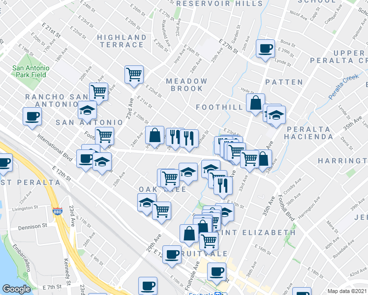 map of restaurants, bars, coffee shops, grocery stores, and more near 2003 27th Avenue in Oakland