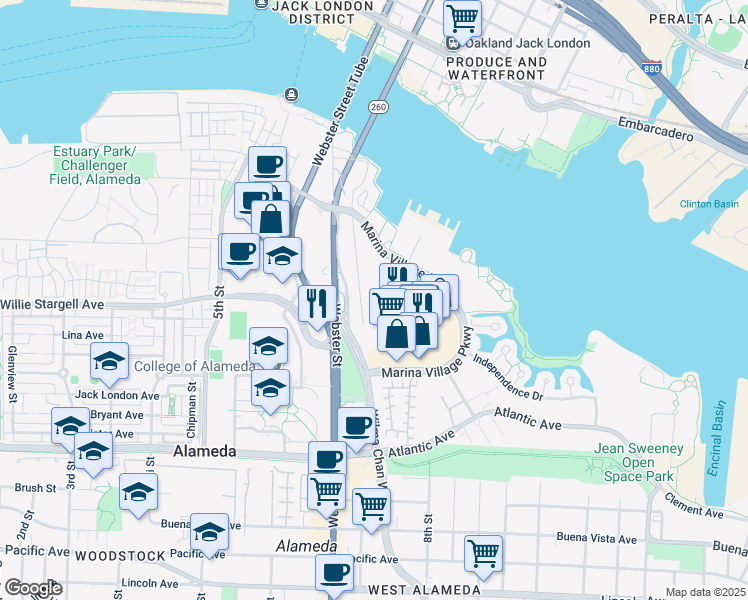 map of restaurants, bars, coffee shops, grocery stores, and more near 2100 Tynan Avenue in Alameda