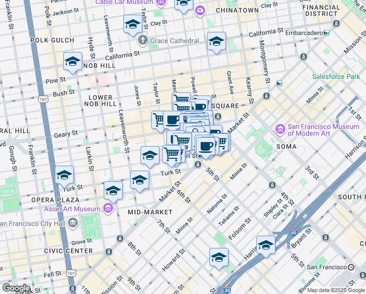 map of restaurants, bars, coffee shops, grocery stores, and more near in San Francisco