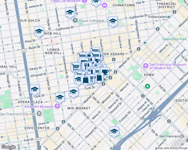 map of restaurants, bars, coffee shops, grocery stores, and more near 233 Ellis Street in San Francisco