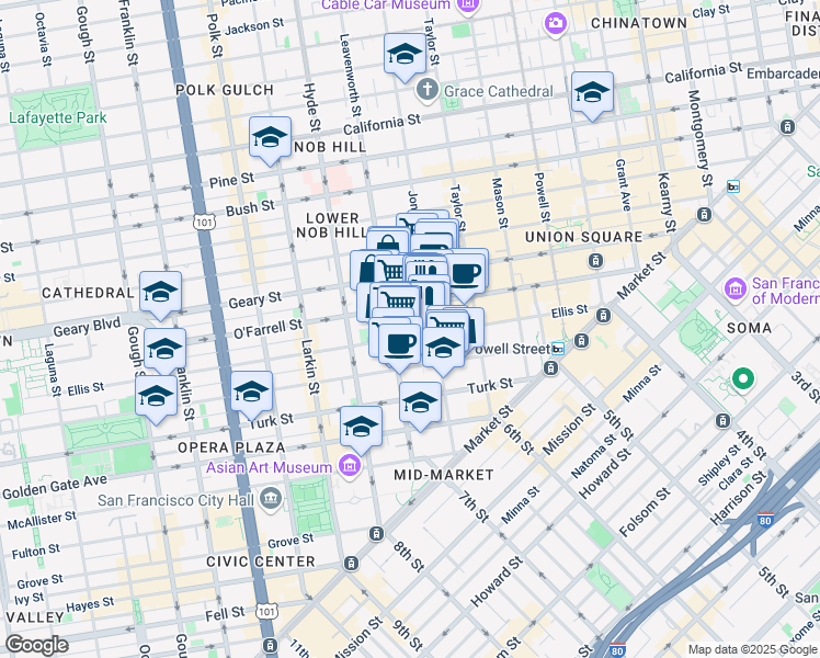 map of restaurants, bars, coffee shops, grocery stores, and more near 440 Ellis Street in San Francisco