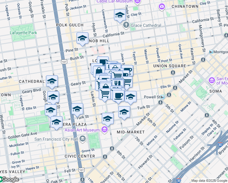 map of restaurants, bars, coffee shops, grocery stores, and more near in San Francisco