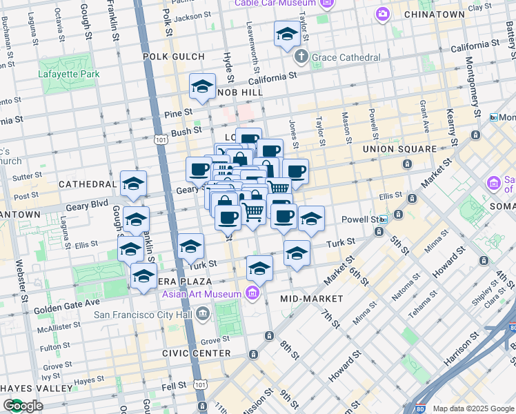 map of restaurants, bars, coffee shops, grocery stores, and more near in San Francisco
