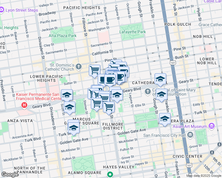 map of restaurants, bars, coffee shops, grocery stores, and more near 1737 Post Street in San Francisco