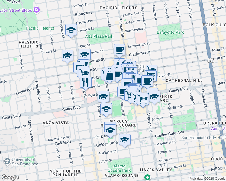 map of restaurants, bars, coffee shops, grocery stores, and more near in San Francisco