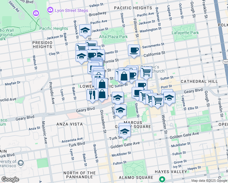 map of restaurants, bars, coffee shops, grocery stores, and more near 2150 Post Street in San Francisco