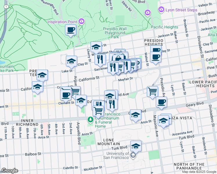 map of restaurants, bars, coffee shops, grocery stores, and more near 561 Spruce Street in San Francisco