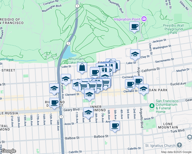 map of restaurants, bars, coffee shops, grocery stores, and more near 4508 California Street in San Francisco