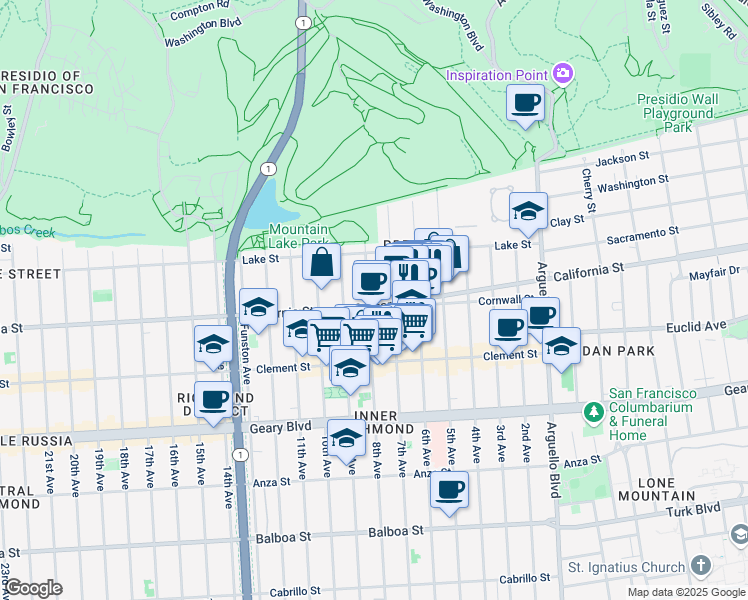 map of restaurants, bars, coffee shops, grocery stores, and more near 4508 California Street in San Francisco