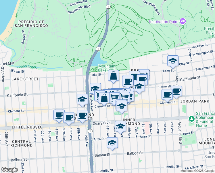 map of restaurants, bars, coffee shops, grocery stores, and more near 183 10th Avenue in San Francisco