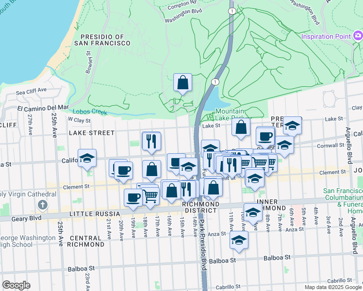 map of restaurants, bars, coffee shops, grocery stores, and more near 171 14th Avenue in San Francisco