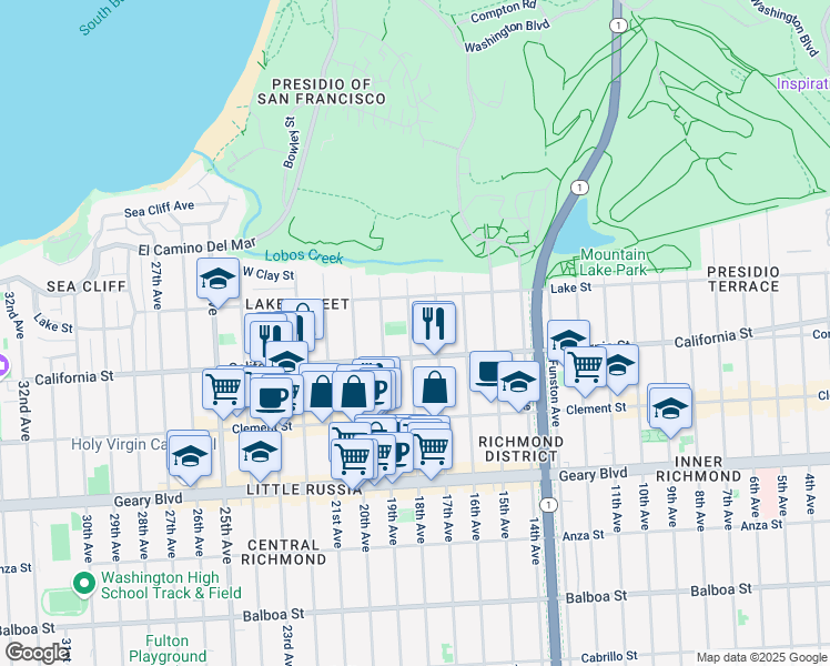 map of restaurants, bars, coffee shops, grocery stores, and more near Lake Street in San Francisco