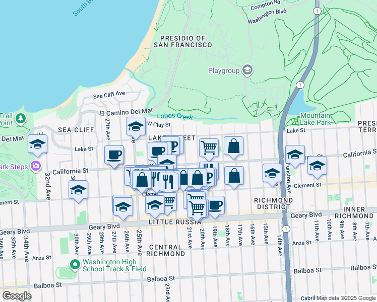 map of restaurants, bars, coffee shops, grocery stores, and more near 149 21st Avenue in San Francisco
