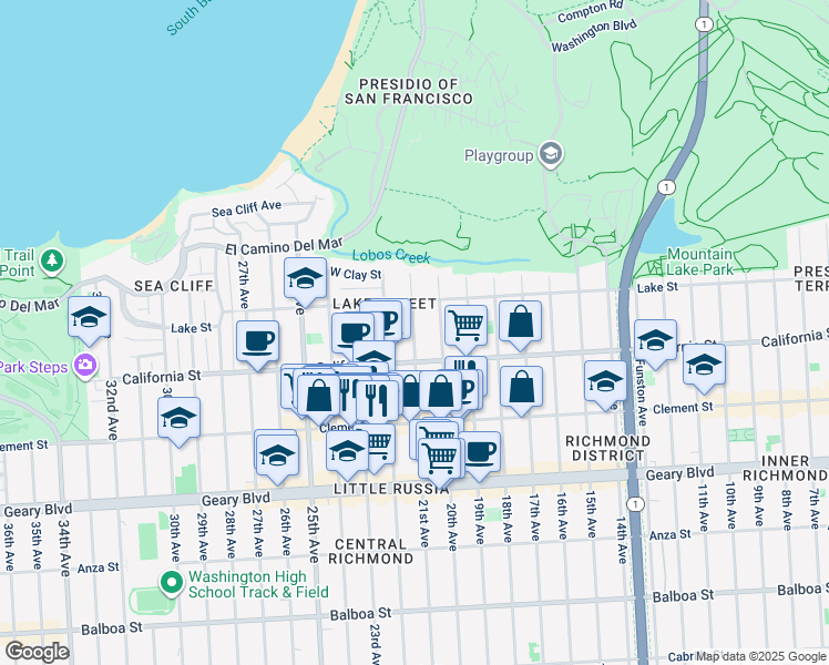 map of restaurants, bars, coffee shops, grocery stores, and more near 149 21st Avenue in San Francisco