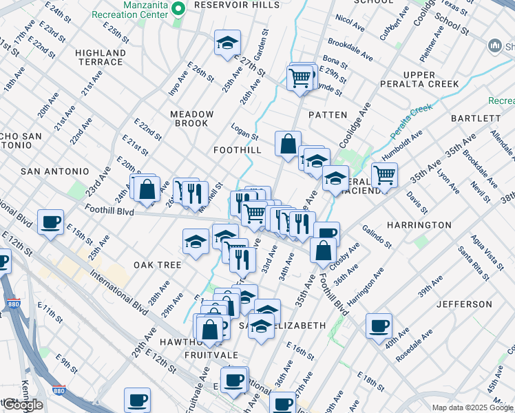 map of restaurants, bars, coffee shops, grocery stores, and more near 3007 East 22nd Street in Oakland