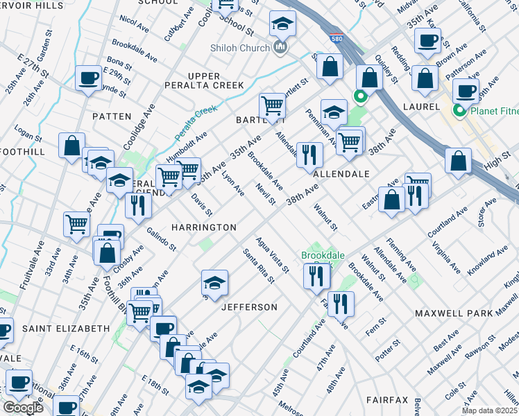 map of restaurants, bars, coffee shops, grocery stores, and more near 3704 Lyon Avenue in Oakland