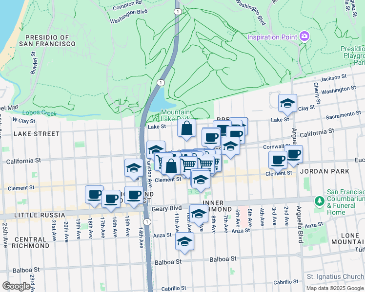 map of restaurants, bars, coffee shops, grocery stores, and more near 183 10th Avenue in San Francisco