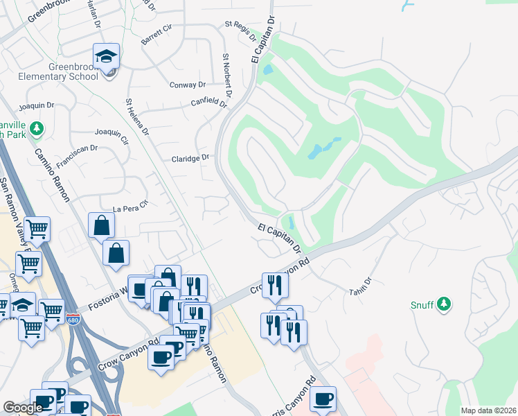 map of restaurants, bars, coffee shops, grocery stores, and more near 2007 Saint George Road in Danville