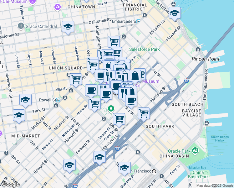 map of restaurants, bars, coffee shops, grocery stores, and more near 201 3rd Street in San Francisco