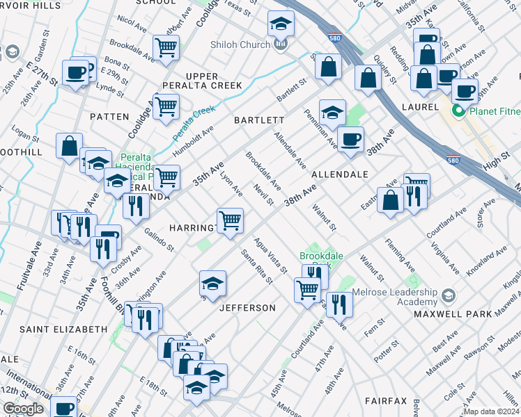 map of restaurants, bars, coffee shops, grocery stores, and more near 3708 Lyon Avenue in Oakland