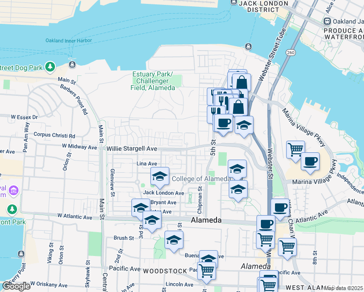 map of restaurants, bars, coffee shops, grocery stores, and more near 4101 Ohio in Alameda